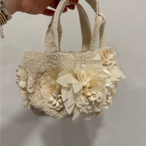 Embellished Cream Mini Tote Bag with Floral Appliqués